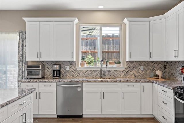 kitchen with white cabinetry, backsplash, dishwasher, and a sink