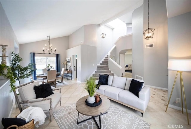 living area featuring a chandelier, visible vents, stairs, and high vaulted ceiling