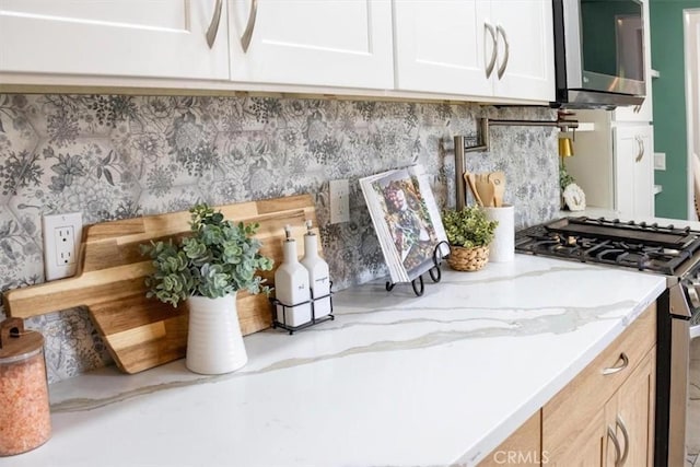 kitchen with white cabinets, light stone counters, stainless steel appliances, and decorative backsplash