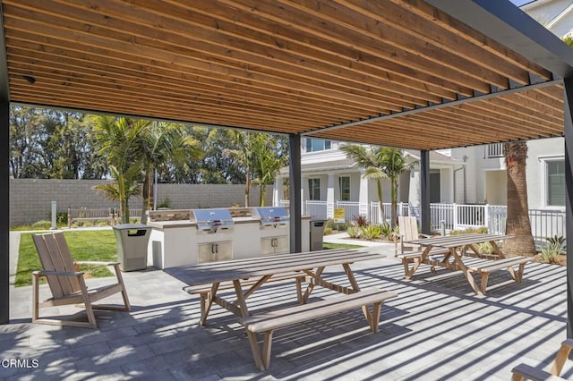 view of patio / terrace with an outdoor kitchen, a fenced backyard, and a grill