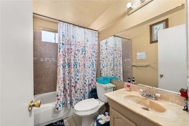 12597 Jalepeno Ave, Chino, CA 91710 - full bathroom featuring toilet, shower / bath combination with curtain, vanity, and tile patterned floors