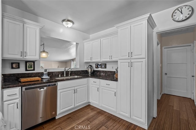2218 Ximeno Ave, Long Beach, CA 90815 - kitchen featuring stainless steel dishwasher, dark wood-type flooring, white cabinets, and dark stone countertops