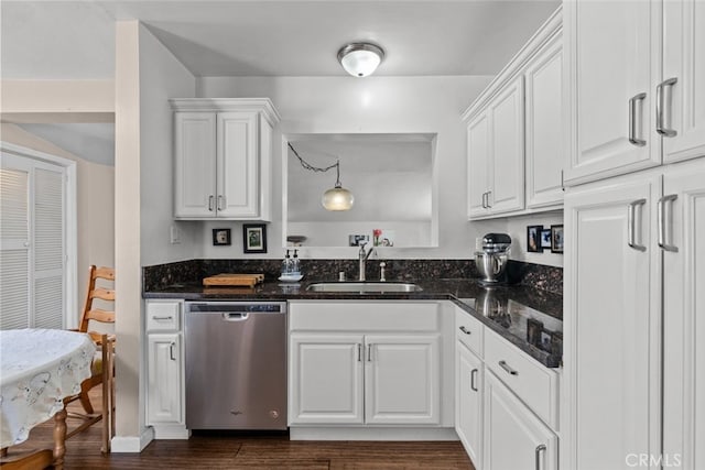 2218 Ximeno Ave, Long Beach, CA 90815 - kitchen with stainless steel dishwasher, white cabinets, dark wood-style floors, and dark stone counters