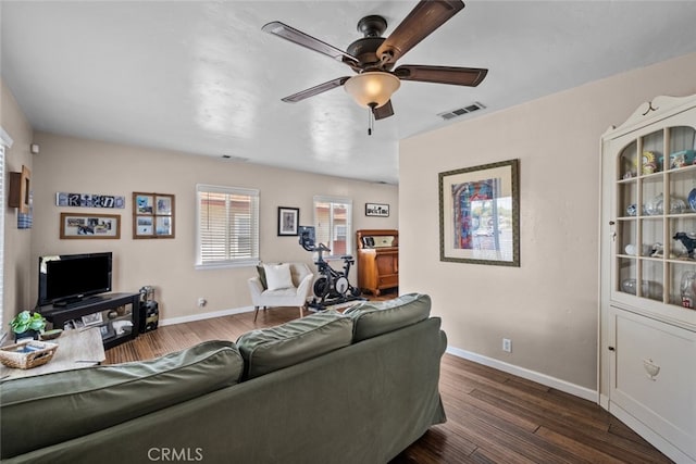 2218 Ximeno Ave, Long Beach, CA 90815 - living area with a ceiling fan and dark wood-style flooring
