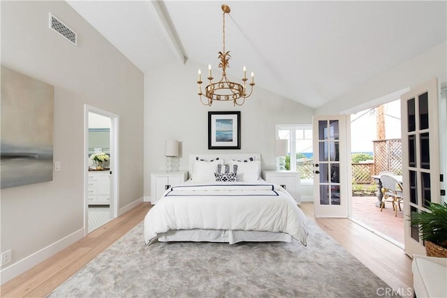 567 Flora St, Laguna Beach, CA 92651 - bedroom with beamed ceiling, light wood finished floors, an inviting chandelier, high vaulted ceiling, and visible vents