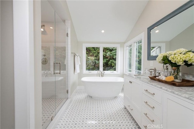 567 Flora St, Laguna Beach, CA 92651 - full bath featuring recessed lighting, a freestanding tub, vanity, a stall shower, and lofted ceiling