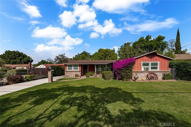 view of front of house with concrete driveway, board and batten siding, a carport, and stone siding