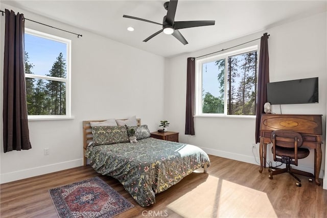 bedroom with multiple windows, wood finished floors, and baseboards