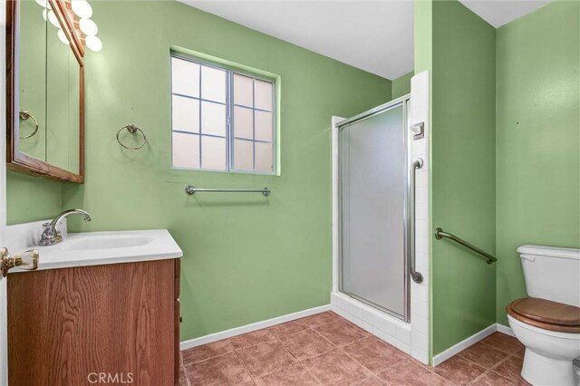 7518 Loch Alene Ave, Pico Rivera, CA 90660 - bathroom with toilet, a shower stall, vanity, and baseboards