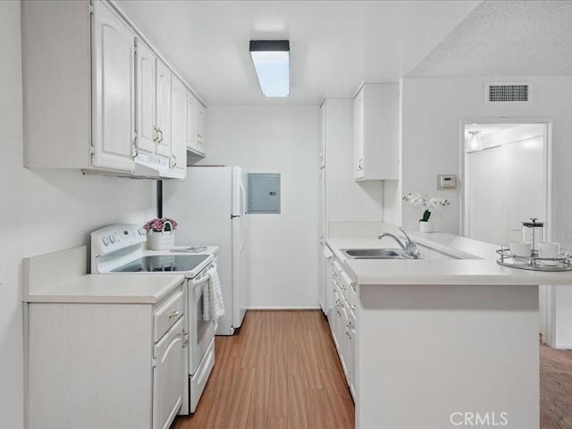 23515 Lyons Ave Unit 286, Valencia, CA 91355 - kitchen featuring white electric stove, a peninsula, light countertops, light wood-type flooring, and electric panel