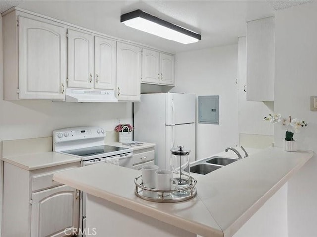 23515 Lyons Ave Unit 286, Valencia, CA 91355 - kitchen with under cabinet range hood, white appliances, electric panel, light countertops, and a peninsula