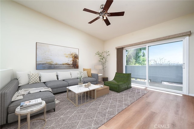 432 W Caldwell Ct, San Dimas, CA 91773 - living room featuring wood finished floors, ceiling fan, and vaulted ceiling