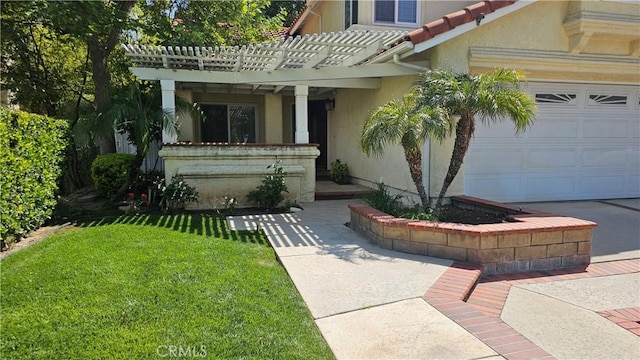 24722 Bracken Ln, Stevenson Ranch, CA 91381 - doorway to property featuring a garage, stucco siding, and a yard