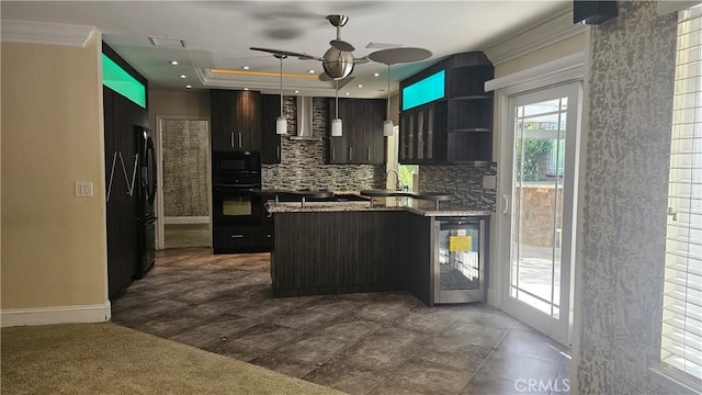 24722 Bracken Ln, Stevenson Ranch, CA 91381 - kitchen featuring decorative backsplash, ceiling fan, baseboards, black appliances, and wine cooler