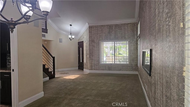 24722 Bracken Ln, Stevenson Ranch, CA 91381 - carpeted foyer featuring crown molding, baseboards, stairway, and a notable chandelier