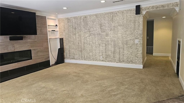 24722 Bracken Ln, Stevenson Ranch, CA 91381 - unfurnished living room with a tiled fireplace, crown molding, carpet floors, baseboards, and recessed lighting
