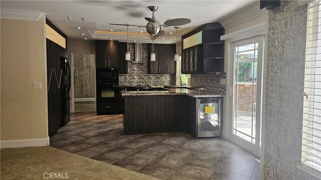 24722 Bracken Ln, Stevenson Ranch, CA 91381 - kitchen featuring beverage cooler, baseboards, a ceiling fan, backsplash, and black appliances