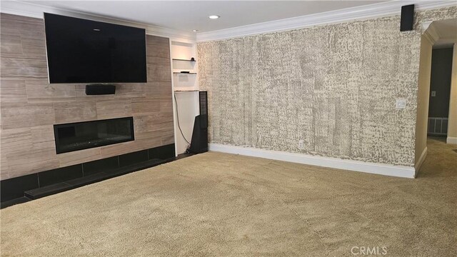 24722 Bracken Ln, Stevenson Ranch, CA 91381 - unfurnished living room featuring crown molding, carpet floors, recessed lighting, baseboards, and a tile fireplace