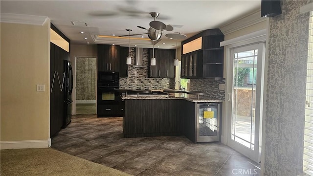 24722 Bracken Ln, Stevenson Ranch, CA 91381 - kitchen with wine cooler, baseboards, tasteful backsplash, a ceiling fan, and black appliances