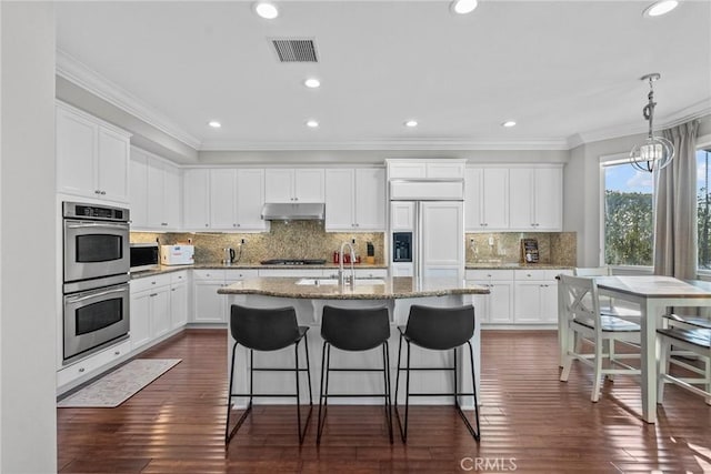 20704 Campania Ln, Porter Ranch, CA 91326 - kitchen featuring ornamental molding, a sink, appliances with stainless steel finishes, and under cabinet range hood