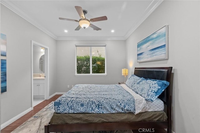 20704 Campania Ln, Porter Ranch, CA 91326 - bedroom featuring baseboards, wood finished floors, crown molding, and a sink