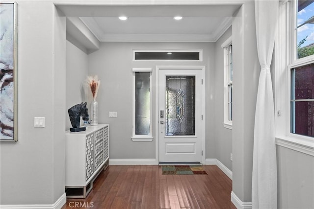 20704 Campania Ln, Porter Ranch, CA 91326 - foyer entrance featuring ornamental molding, dark wood-style floors, and baseboards