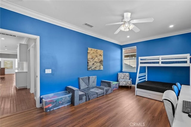 20704 Campania Ln, Porter Ranch, CA 91326 - bedroom with visible vents, baseboards, ornamental molding, wood finished floors, and a ceiling fan