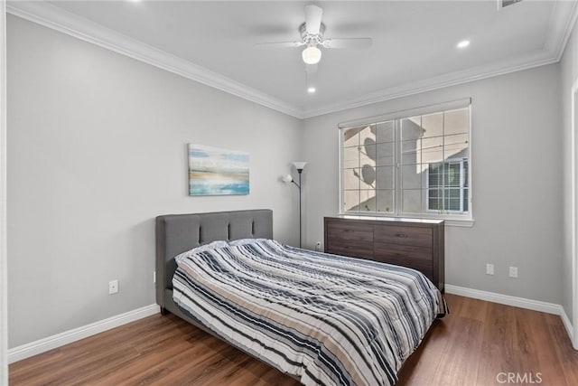 20704 Campania Ln, Porter Ranch, CA 91326 - bedroom with recessed lighting, wood finished floors, ceiling fan, baseboards, and crown molding