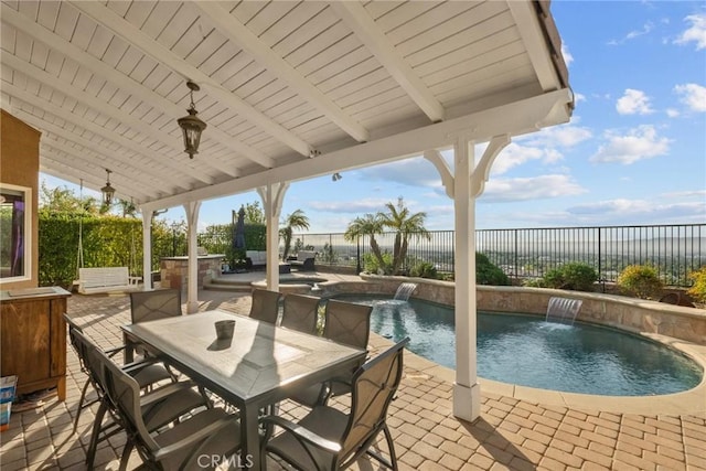 20704 Campania Ln, Porter Ranch, CA 91326 - view of swimming pool with a fenced in pool, a patio area, outdoor dining area, and a fenced backyard