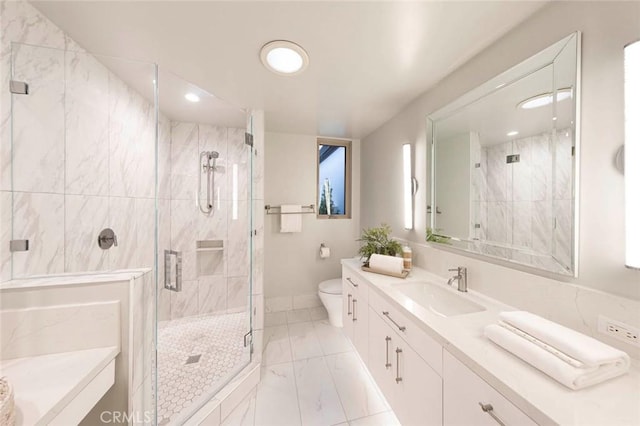 bathroom with recessed lighting, marble finish floor, toilet, vanity, and a stall shower