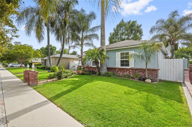 view of front of house featuring brick siding, fence, a front lawn, and stucco siding