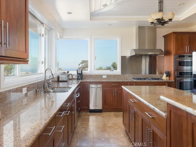 43 Avenida Corona, Rancho Palos Verdes, CA 90275 - kitchen featuring plenty of natural light, wall chimney exhaust hood, a tray ceiling, and a sink