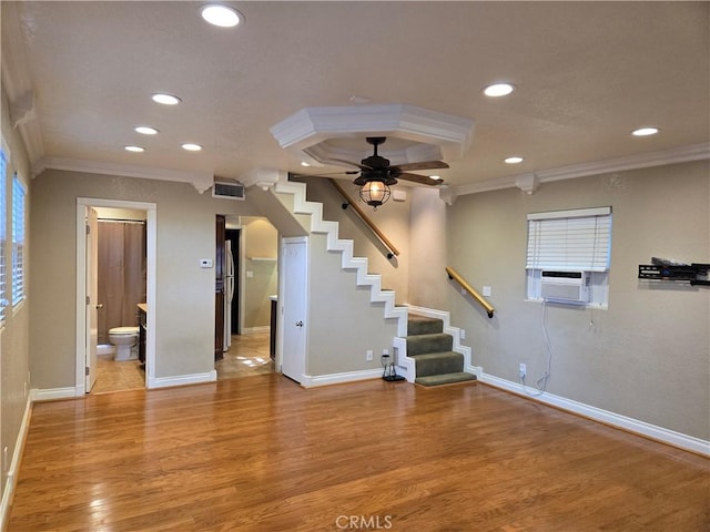 443 Hartman Cir, Cedarpines Park, CA 92322 - interior space with crown molding, recessed lighting, wood finished floors, baseboards, and ceiling fan