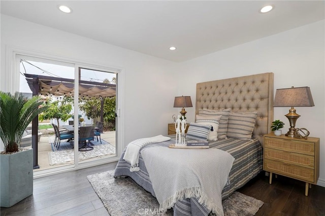 bedroom featuring access to outside, recessed lighting, and wood finished floors