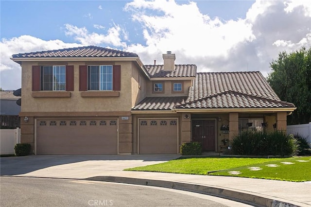 27069 Dawnview Ct, Corona, CA 92883 - view of front facade featuring driveway, a tile roof, a chimney, an attached garage, and fence