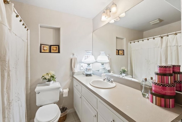 8140 Pasadena Ave, La Mesa, CA 91941 - bathroom with vanity, toilet, a shower with curtain, and tile patterned floors
