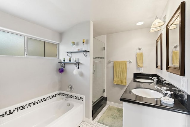 8140 Pasadena Ave, La Mesa, CA 91941 - bathroom featuring a bath, tile patterned flooring, a stall shower, and a sink