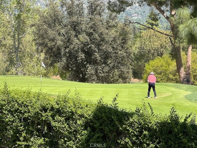 view of property's community with a lawn and view of golf course