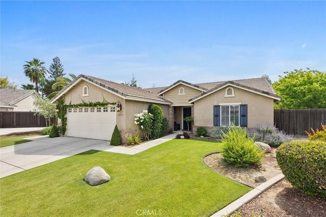 single story home with a garage, fence, stucco siding, and concrete driveway