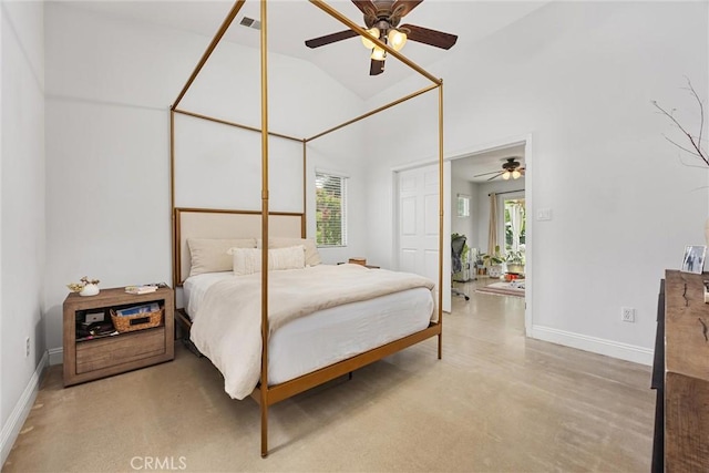 bedroom with visible vents, baseboards, high vaulted ceiling, and multiple windows