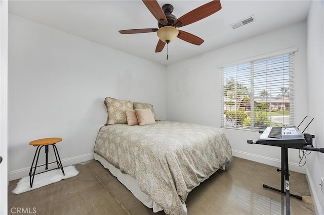 bedroom with baseboards, visible vents, and a ceiling fan