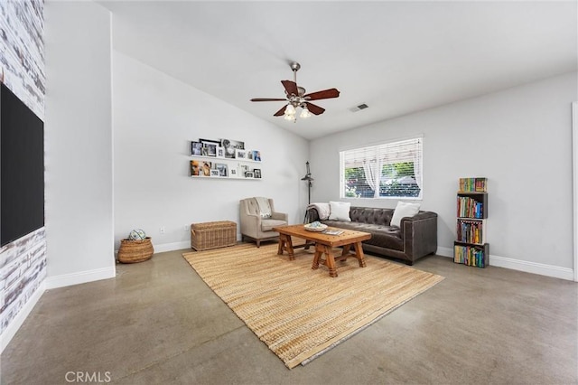 living area featuring baseboards, visible vents, a ceiling fan, and lofted ceiling