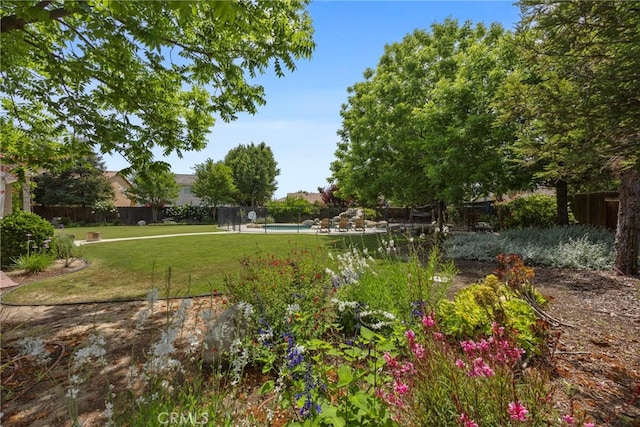 view of yard with a fenced in pool and a fenced backyard