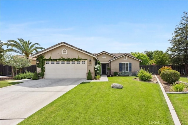 ranch-style home with a front yard, a garage, driveway, stucco siding, and fence