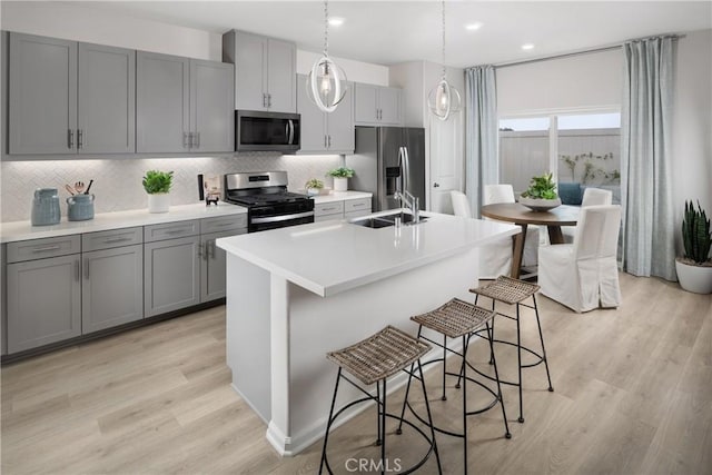 kitchen featuring a sink, stainless steel appliances, gray cabinets, light wood finished floors, and backsplash