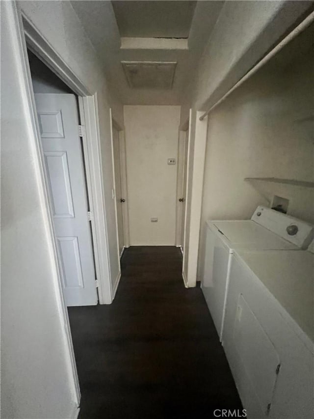 6320 Mesquite Ave Unit 29, Palms, CA 92277 - laundry area with washer and clothes dryer, attic access, laundry area, and dark wood finished floors