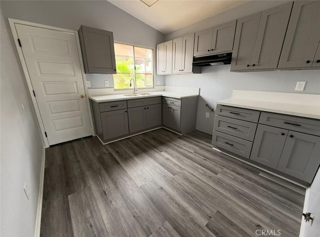 kitchen featuring vaulted ceiling, gray cabinets, under cabinet range hood, and dark wood-type flooring