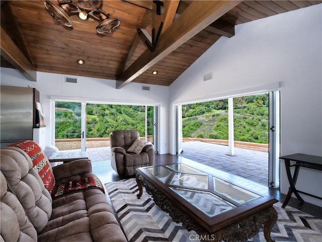 3 Poppy Trl, Rolling Hills, CA 90274 - living area featuring beam ceiling, visible vents, and wood ceiling