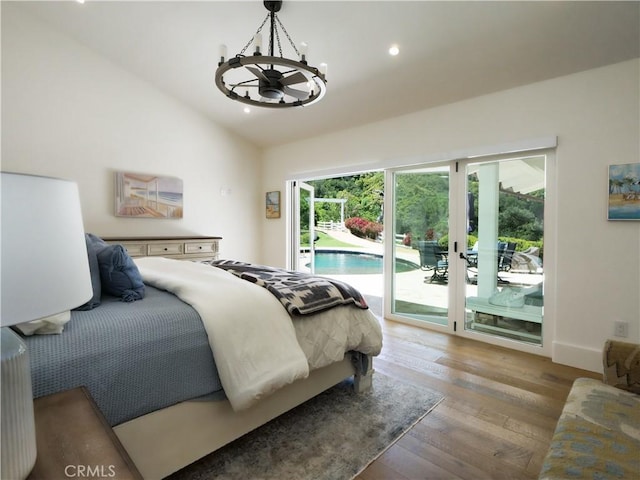 3 Poppy Trl, Rolling Hills, CA 90274 - bedroom with lofted ceiling, wood finished floors, access to outside, a chandelier, and french doors