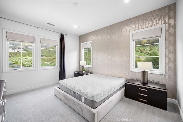 bedroom featuring visible vents, recessed lighting, baseboards, and carpet floors